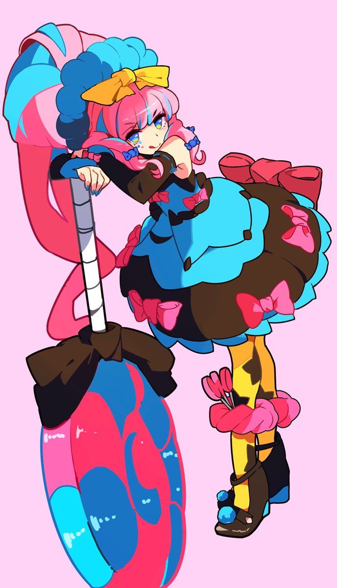 a colorful cartoon girl with a giant lollipop is standing with one hand on the lollipop. the girl is wearing a blue and brown dress with pink bow and yellow, white and black striped stockings. she has pink hair with blue and yellow streaks and blue eyes. she is wearing brown high heels with blue buckles. the background is a pink color.