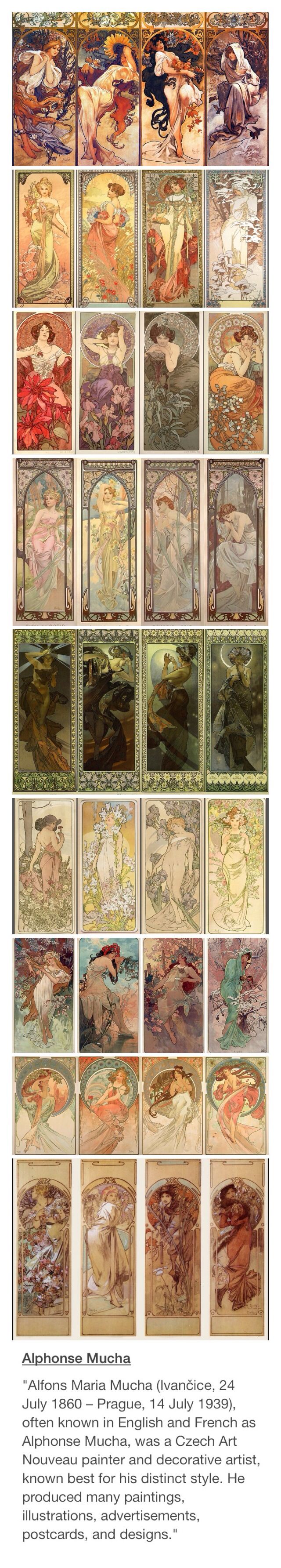 the image shows a collection of artworks by alphonse mucha, displayed in a grid format. these are likely illustrations, paintings, or decorative panels characteristic of the art nouveau style. the artworks depict women in various poses and settings, often surrounded by flowers, plants, and decorative elements. the themes range from seasonal allegories to portraits and historical representations. the artworks demonstrate mucha's distinctive style, marked by flowing lines, stylized figures, and intricate details.