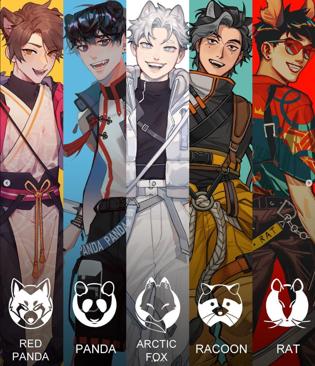 a digital illustration featuring five original characters. each character is paired with an animal, which inspires their outfit and partial animalistic features. the art style is animeinspired and has a soft, appealing color scheme.