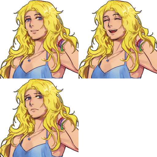 he image contains four illustrations of a young woman with long, blonde hair. each panel depicts her with a different expression: neutral, happy, and slightly sad. she's wearing a light blue summer dress and several bracelets. the art style appears to be digital, with a focus on detailed features and soft shading. the background is black, allowing the character and her vibrant hair to stand out.  the illustrations are positioned in a grid format.