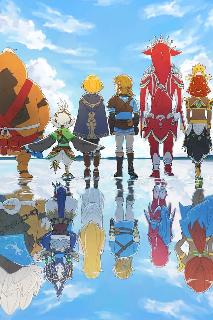 the image shows the four champions of hyrule from the legend of zelda: breath of the wild, daruk, mipha, revali, and urbosa, link, and a bokoblin from breath of the wild.  they are all facing away from the viewer, standing on a beach with a bright blue sky and white clouds in the background.  their reflections are visible in the water below them.  the champions are all in their champion outfits, and link is in his hylian outfit.  the bokoblin is wearing its standard blue armor.  the scene is full of bright colors, and the characters all seem to be standing in a serene and peaceful environment. the bokoblin seems a little out of place as it's known to be a fierce and aggressive foe.  the bokoblin could be signifying that they are on the side of good, or maybe it has been befriended by link.