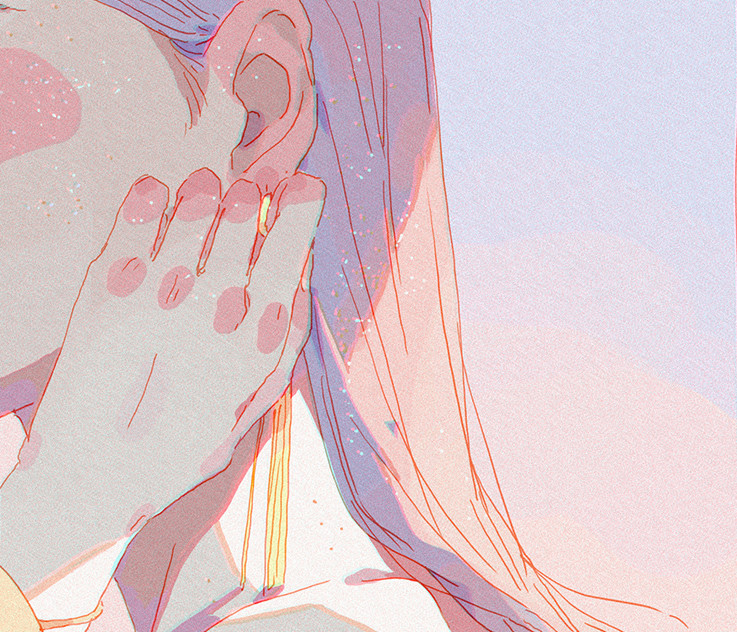 a digital illustration of an anime girl with long pink hair and a yellow earring. her hand is holding the earring in place, and she is looking to the side. the background is pink and purple, and the girl is drawn in a soft and delicate style.