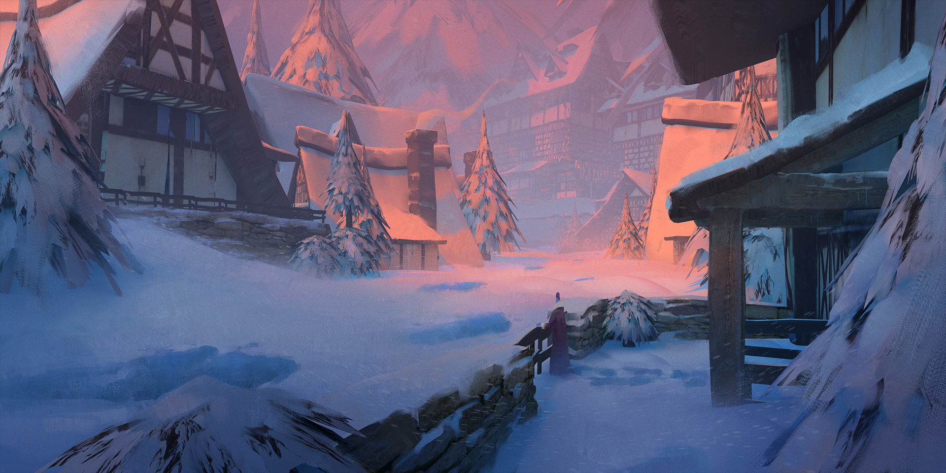 a snowy village scene, with small houses and trees covered in a thick blanket of snow. the sky is a beautiful blend of pink and purple, suggesting a sunset or sunrise. there is a sense of tranquility and peace in the image, as if the world has been frozen in time.