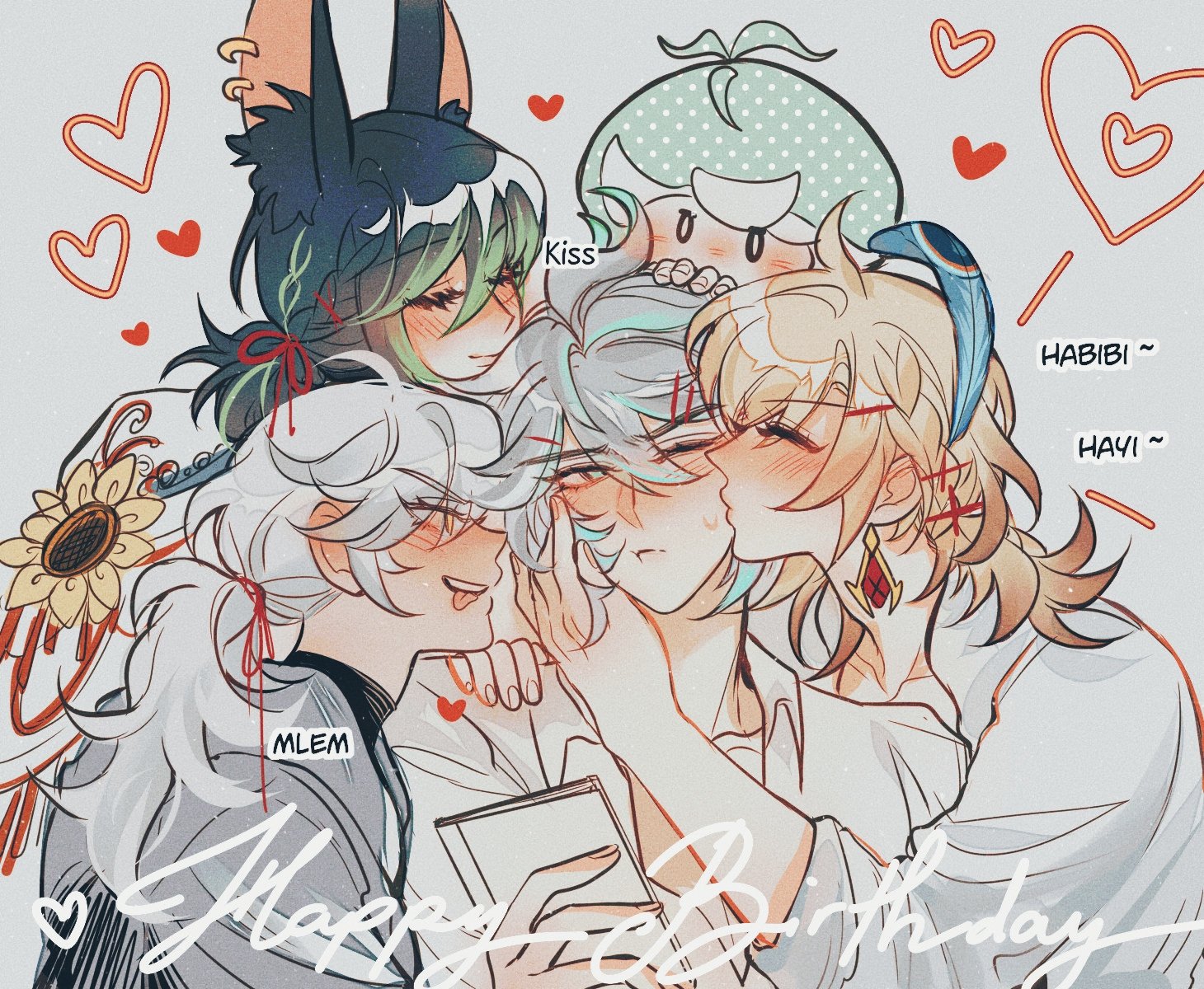 the image is a vibrant piece of fanart depicting a group of animestyle characters in a loving embrace.  several characters are shown in a pile, some kissing and others hugging affectionately.  the art style is soft and pastel, with a focus on conveying warmth and happiness.  a birthday message is prominently displayed, along with small handwritten text like "kiss," "habibi," and "hayi," suggesting the scene is a birthday celebration among close friends or lovers. a small chibilike character is perched on top of the group. the overall aesthetic is cute and heartwarming, possibly fan art based on a game or anime series given the character design styles.