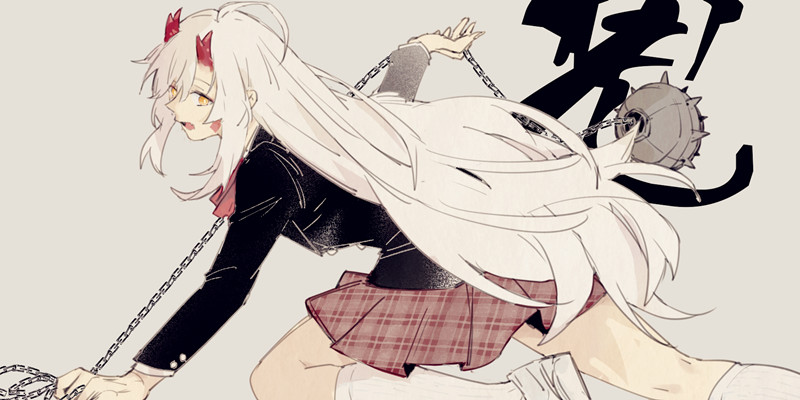 the image is a digital drawing of an anime girl with white hair, black jacket, and a red plaid skirt. she has red eyes and devil horns. she is holding a chain with a spiked ball on the end. she looks angry and ready to fight. the image is in a cartoon style and the colors are vibrant. the girl is drawn in a dynamic pose, with her hair flowing behind her. the image is full of energy and action.  the image is set against a light gray background. there is a large black character in the background that is probably kanji for "devil".