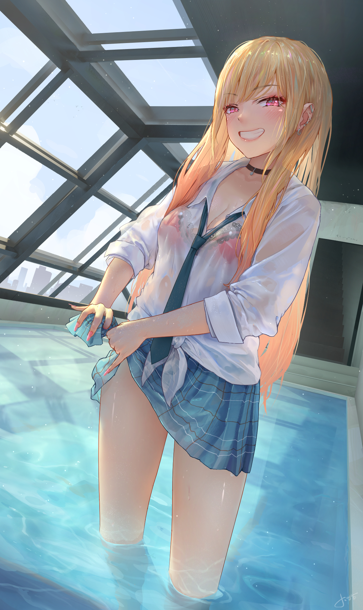the image is an animestyle illustration of a young woman with long blonde hair. she's wearing a wet white shirt and a blue pleated school skirt, and a tie. the shirt is clinging to her body, and she seems happy. she's standing in a shallow pool of water in what appears to be an indoor pool area of a modern building with large windows that offer a view of a city skyline. the overall style of the art is soft and slightly dreamy, with a focus on the character's expression and the contrast between her wet clothes and the bright, sunny atmosphere.