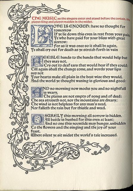 an image of a page of text from an illuminated manuscript. the text is a poem, and it's framed by a decorative floral border. the poem speaks about love and how it's enough. the text is written in black ink, with red and blue accents, and the border is in black ink. the page is old and faded, giving it an antique look. the image is a visual representation of the beauty of illuminated manuscripts and the power of words.