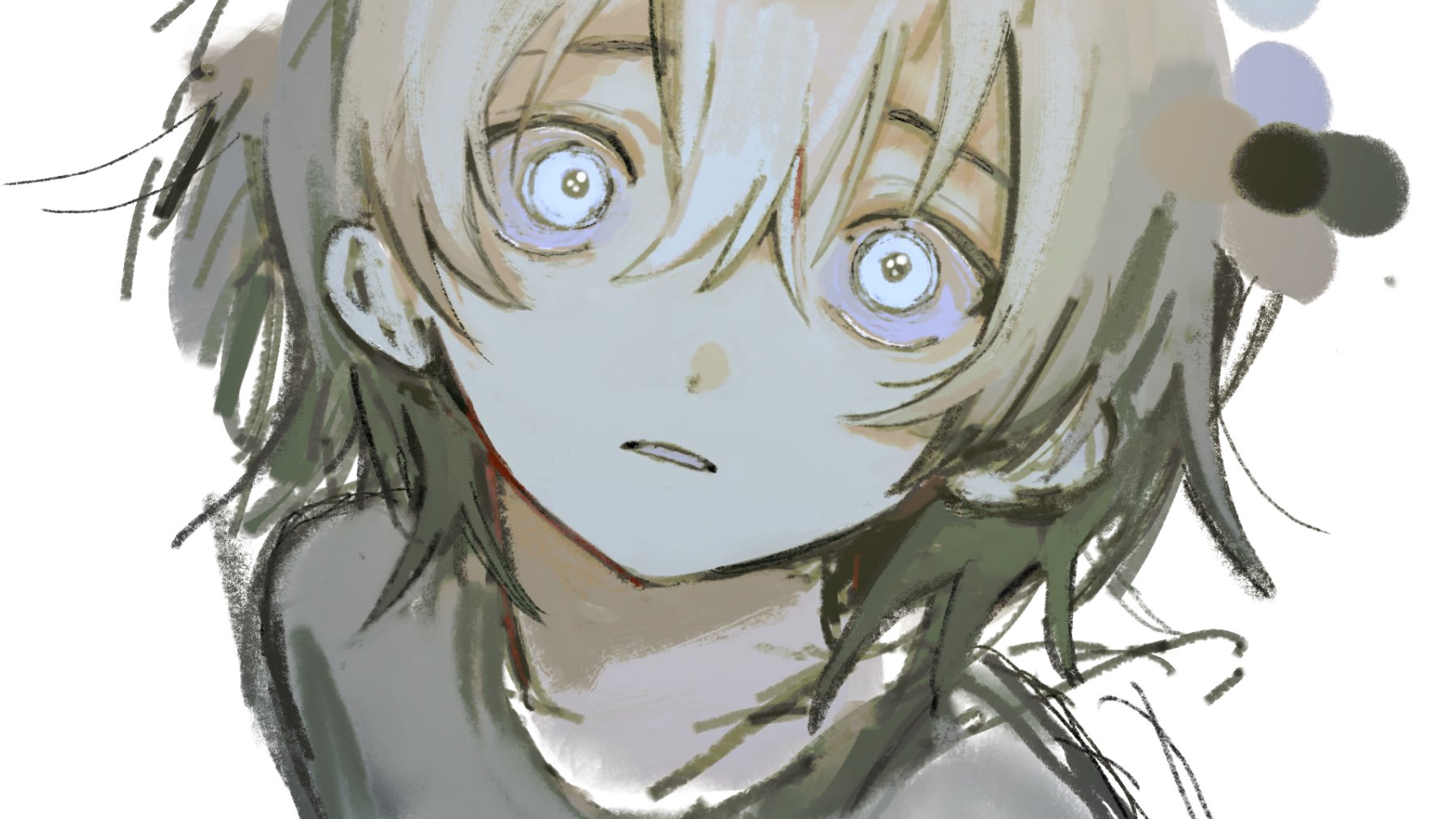 the image is a digital painting or illustration of a young animestyle girl. the style is loose and painterly, with visible brushstrokes creating texture.  the girl's expression is melancholic and sad; her large, lightcolored eyes convey a sense of sorrow. her hair is short and messy, and her skin is pale. the overall color palette is muted and greyish, adding to the somber mood.  there is a partially visible color palette in the top right corner suggesting the artist's color choices. the focus is a closeup portrait of the girl's face and upper body.
