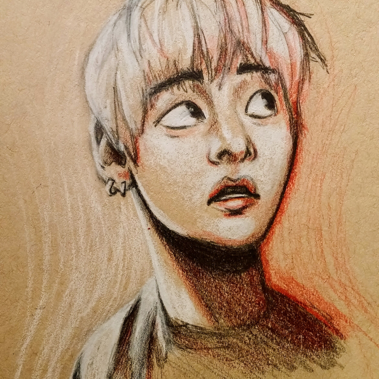 this is a colored pencil drawing of v, a member of the south korean boy band bts.  the drawing emphasizes shadows and light, and there is a dynamic use of color. the background is a flat, light tan color. v is looking slightly upward and off to the right. his expression is apprehensive and his mouth is slightly open.