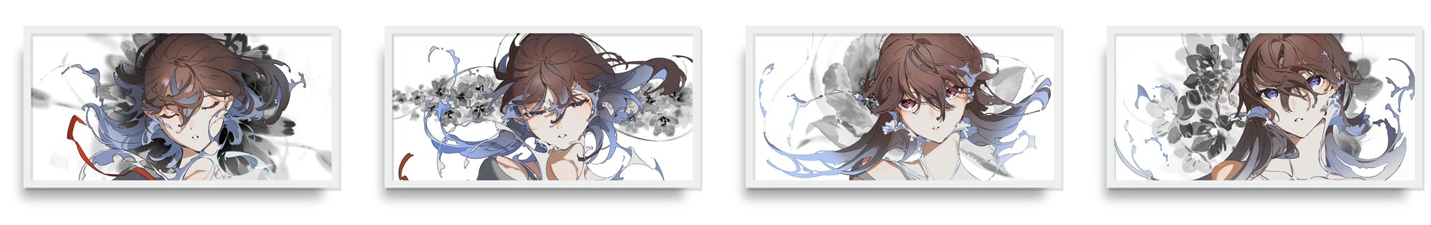 four variations of the same animestyle drawing of a girl with long brown hair and blue eyes.  the background is stylized with black and white abstract shapes.