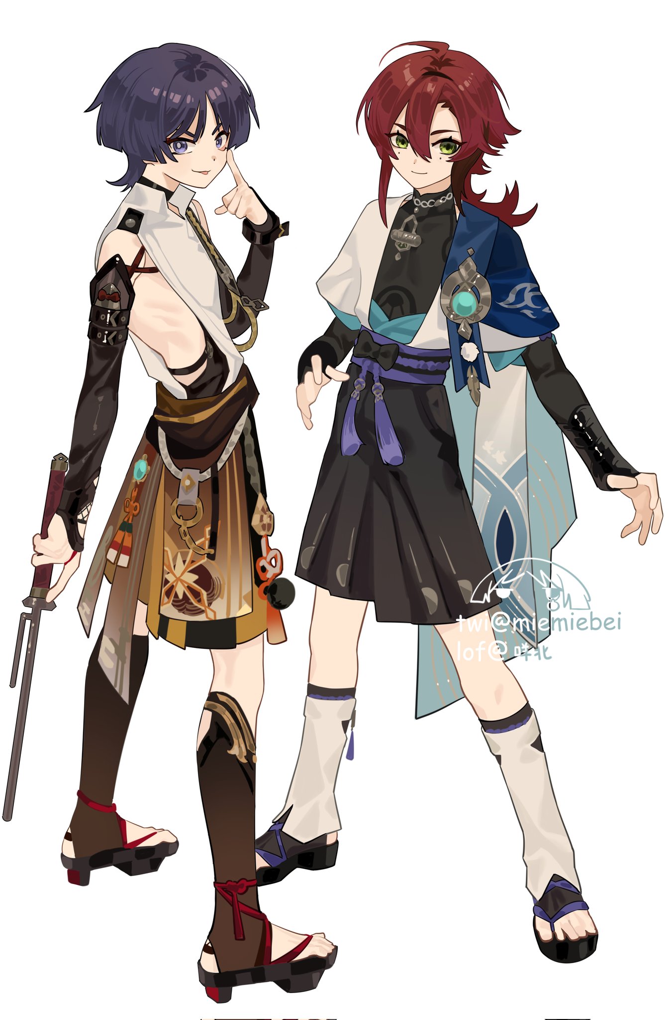 a digital illustration of two anime characters from the video game genshin impact. the characters are itto and kazuha in their outfits from the game. the characters are drawn in a chibi style and the background is a solid white.