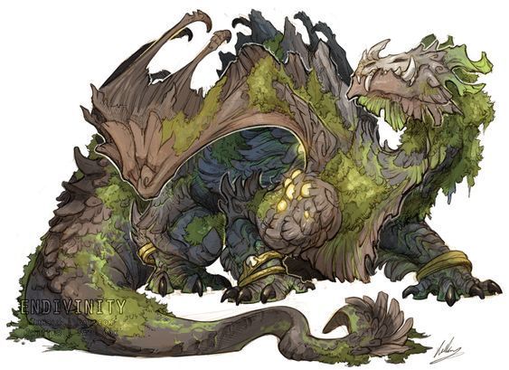 the image shows a stylized illustration of a dragon that appears to be made of wood, moss, and other natural elements. the dragon has a bulky body covered in green and brown textures, suggesting a plantlike or forestlike composition. it has large wings with a wooden framework and mossy membranes, along with sharp claws and a tail that blends seamlessly with the ground. the dragon's head features a bonelike structure with visible teeth, hinting at its predatory nature. the overall aesthetic is reminiscent of a creature born from nature, blending fantasy elements with organic forms.