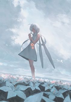 the illustration features a young anime girl standing amidst a field of stylized, geometric flowers. she is dressed in a flowing white dress with a unique design, featuring winglike extensions on her back.  her eyes are closed, and she has a serene expression on her face. the overall color palette is soft and muted, with shades of blue and white dominating the scene. the background depicts a vast, cloudy sky, creating an ethereal and tranquil atmosphere.  the style of the art is reminiscent of digital painting, with visible brushstrokes and a focus on capturing light and shadow.