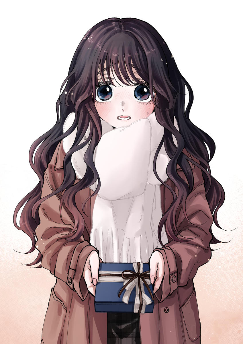 the image is an illustration of a cute anime girl with long, wavy brown hair. she is wearing a brown coat and a white scarf, and she is holding a blue gift box in her hands. she appears shy and is looking down slightly. the style is reminiscent of manga and anime. the background is a simple light color, focusing attention on the girl. the overall impression is one of sweetness and innocence.