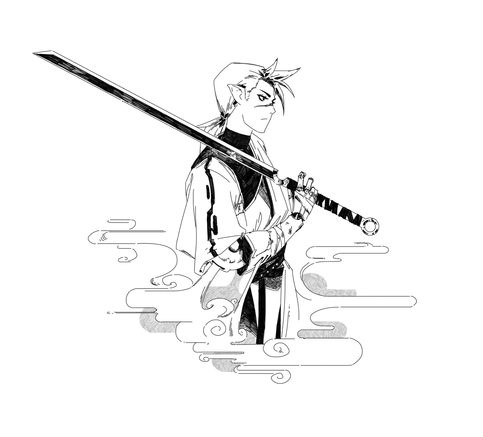 the image is a black and white line drawing of a stylized anime or manga character.  the character appears to be male, with elflike pointed ears, long hair, and is dressed in a flowing robe reminiscent of east asian clothing. he carries a long katana across his back, held with one hand. the background features stylized depictions of clouds, enhancing the east asian/fantasy aesthetic. the overall style is artistic and elegant, with detailed line work.
