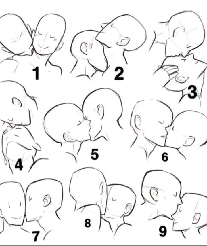 the image contains nine numbered sketches showing different variations of two heads and necks, depicting a couple kissing.  the sketches focus on head positioning and angles, offering a reference for artists to use when drawing kissing couples.  the style is simple and uses line art without detailed features.  each numbered example shows a slightly different angle of the kiss, giving a variety of options for artists to work from.  the focus is clearly on providing reference poses for realistic depiction.