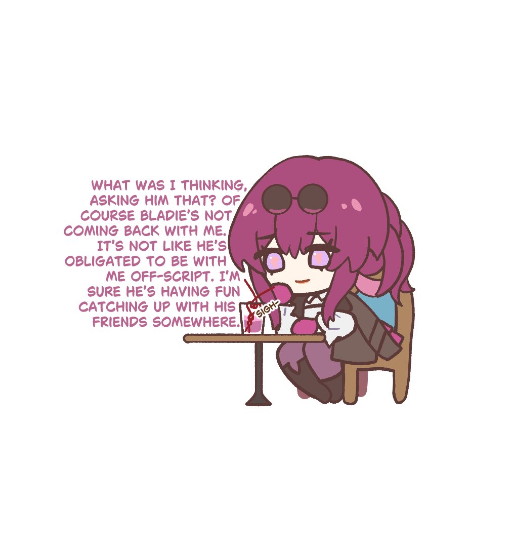 a purplehaired anime girl with sunglasses is sitting at a table, looking bored and thinking. she's drinking from a glass with a straw. she appears to be annoyed or disappointed by something.