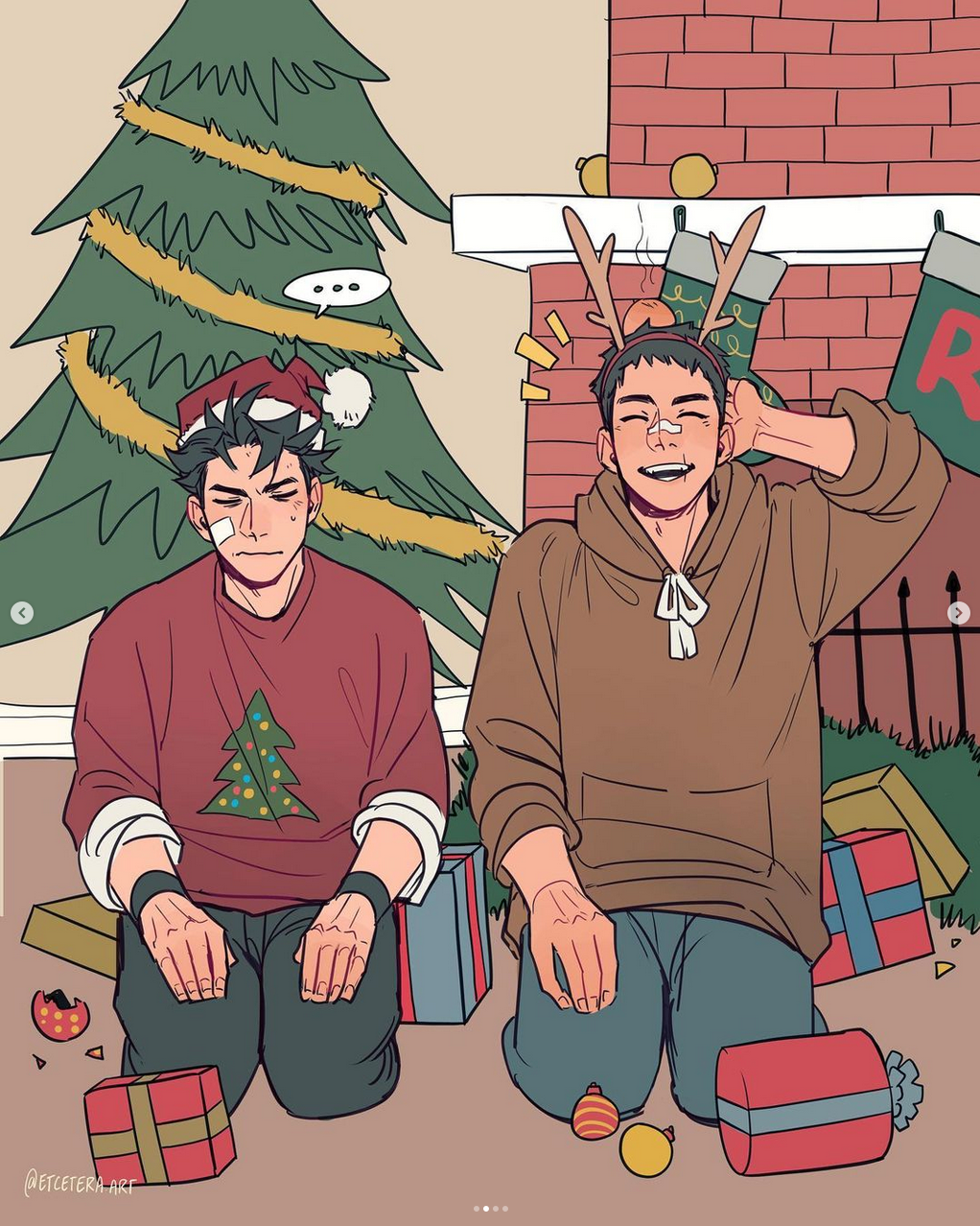 two men are sitting on the floor in front of a fireplace decorated for christmas.  the man on the left wears a red christmas sweater and has a slightly grumpy expression. the man on the right wears a brown hoodie and reindeer antlers and has a cheerful expression. they are surrounded by wrapped presents, and a few ornaments lay scattered on the floor. a christmas tree adorned with lights and garland stands behind them.