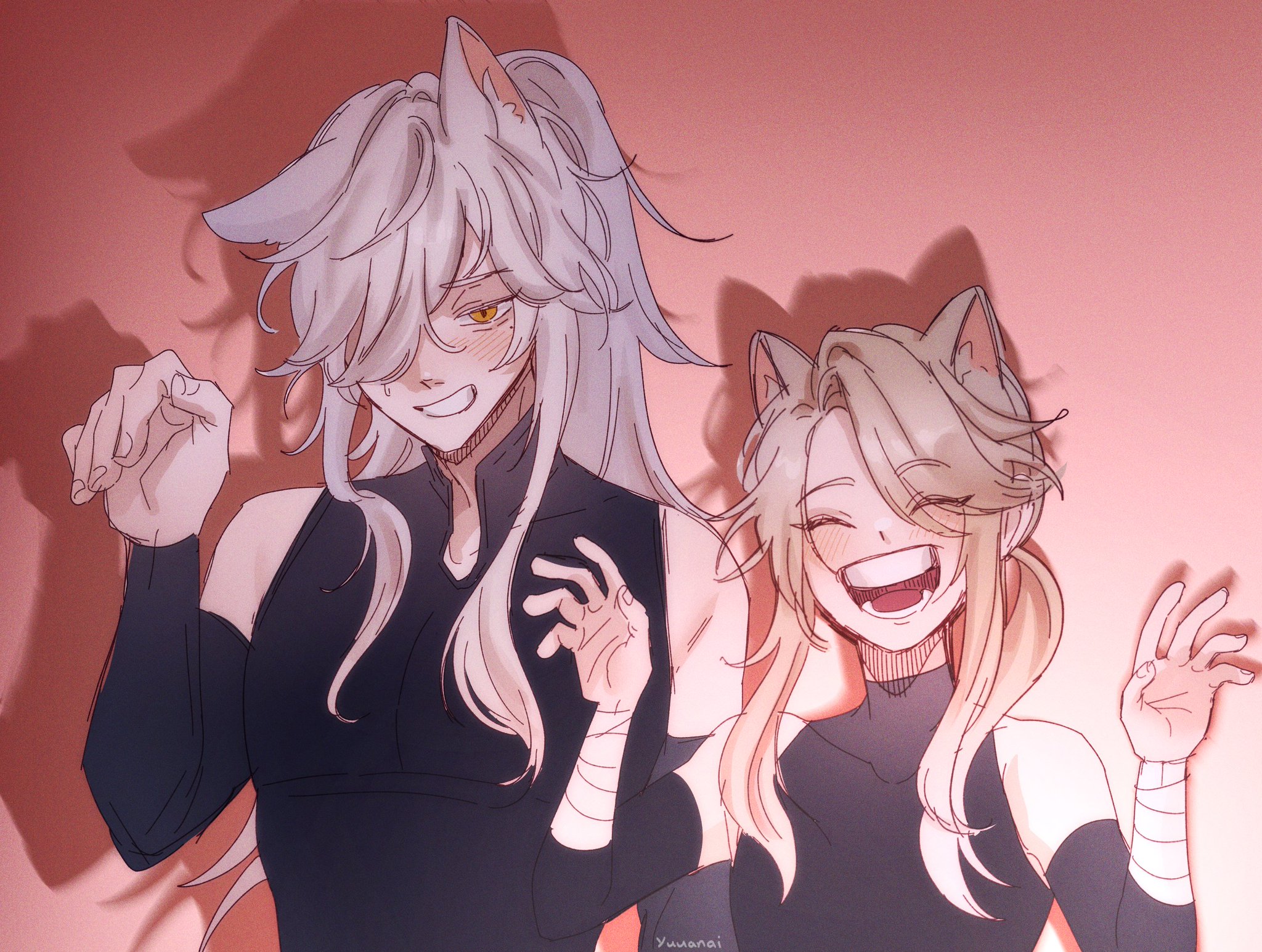 this is a digital illustration of two anime girls with cat ears. the girl on the left has white hair and is wearing black clothing with white bands on her wrists. the girl on the right has blonde hair and is wearing black clothing with a white band on her right wrist. both girls have a light blush on their cheeks and are smiling. the background is a light pink color. the overall vibe is cute and friendly.