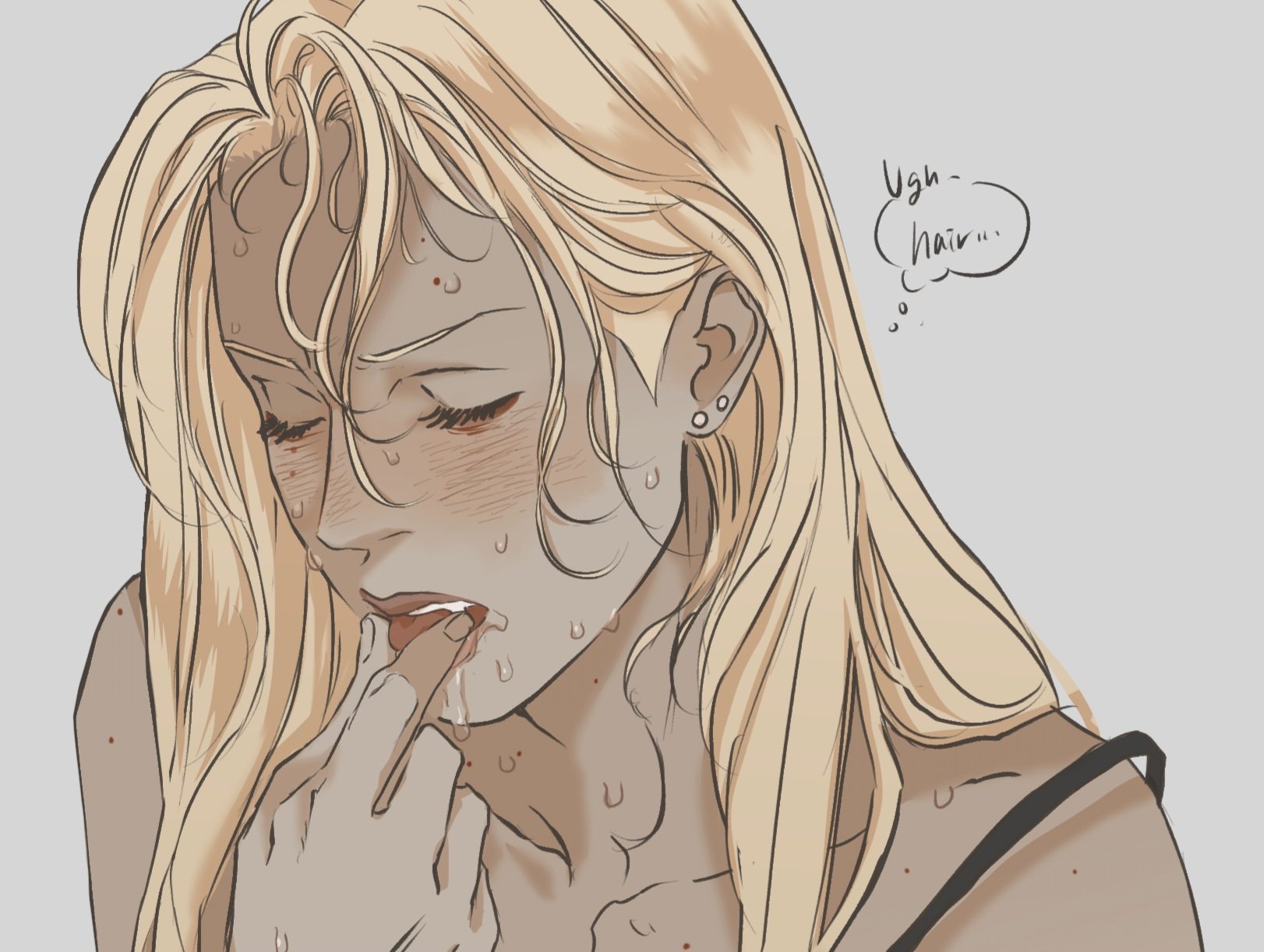 an illustration depicts a blondehaired woman with her eyes closed, appearing to be in discomfort. she has sweat droplets on her face and body, and she is touching her mouth with her finger. a thought bubble reads "ugh  hair..." indicating her annoyance with her hair. she has piercings in her ear and is wearing a black tank top. the illustration is in a cartoon style.