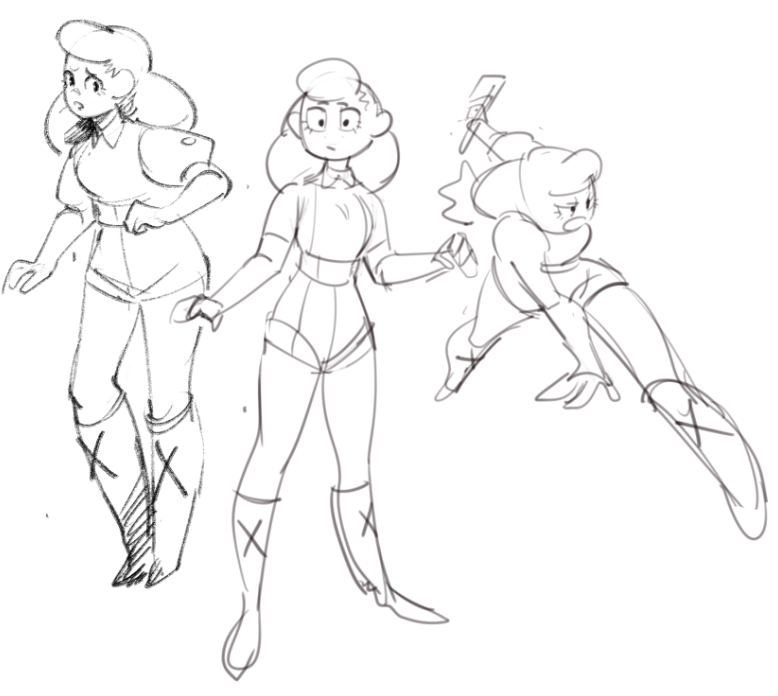 a sketch of three women in different poses, drawn in a cartoon style. one woman is standing with her hands on her hips and a stern expression on her face. the second woman is standing with her hands on her hips and a more relaxed expression. the third woman is crouched down with her leg extended, ready to strike. they all have large eyes and are wearing boots. the sketch appears to be done in pencil.