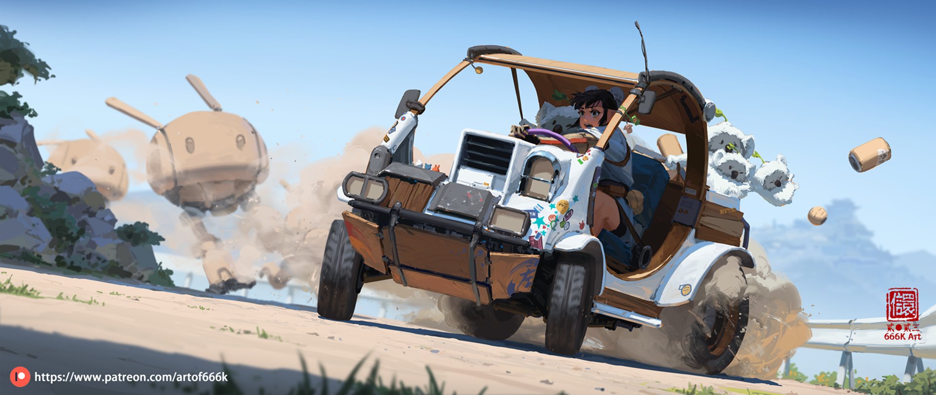 the image is a vibrant digital illustration showcasing an animestyle girl driving a quirky, modified offroad vehicle across a sandy landscape. the car is decorated with stickers and features a wooden frame.  behind her, several boxy, robotlike figures resembling androids are moving rapidly, kicked up dust trails suggesting a chase or race. the scene is set against a sunny, clear sky.  there are fluffy white koalas in the back of the car, and cans are flying through the air. the overall style is whimsical and cartoonish with a blend of realistic and fantasy elements.  an artist signature "666k art" is visible in the corner.