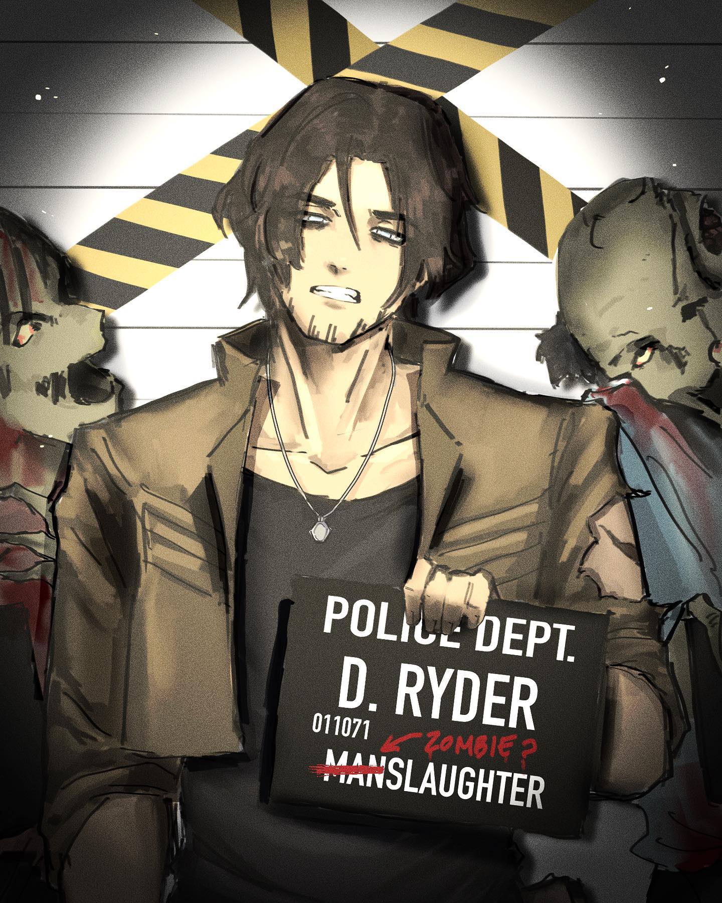 a digital illustration depicting a man with long, dark hair in a mugshotstyle composition. he holds a sign that reads "police dept. d. ryder 011071 zombie? manslaughter". behind him, two blurred zombie figures flank him on either side, suggesting his potential involvement in their deaths. the scene is lit dramatically with what appears to be a spotlight, and the overall palette is dark and muted, enhancing the sense of dread.