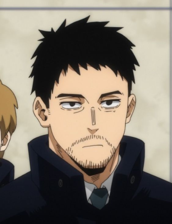 the image shows a portrait of a male anime character with short black hair and a goatee. he has tired eyes and a serious expression. he is wearing a black jacket over a white shirt and blue tie. the background is a blurry gray wall.
