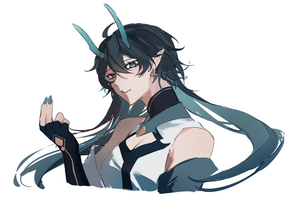 a digital painting of a anime girl with blue and black horns, long blue hair and wearing a white and black shirt. she has long, elegant hair, and a serious expression. she is looking out to the side, with a small hint of a smile on her lips. she has her hand in front of her with the fingers slightly curled in a wavelike motion, and is wearing a black glove. she is staring out at the viewer with a mixture of curiosity and suspicion. she is dressed in a white shirt with black trim and a black glove. her hair flows in a soft wave behind her. she is a beautiful and stylish girl with a cool and awesome aesthetic. the artwork is done in a digital style, which is often characterized by its sharp lines and vibrant colors. the artist has done a great job of capturing the beauty and grace of the subject.