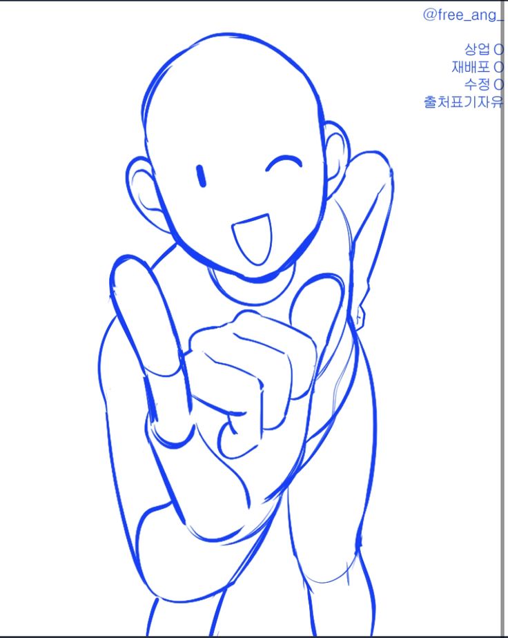a blue line drawing of an anime character pointing with a smile. the drawing is a sketch and outlines the basic shape of the figure.