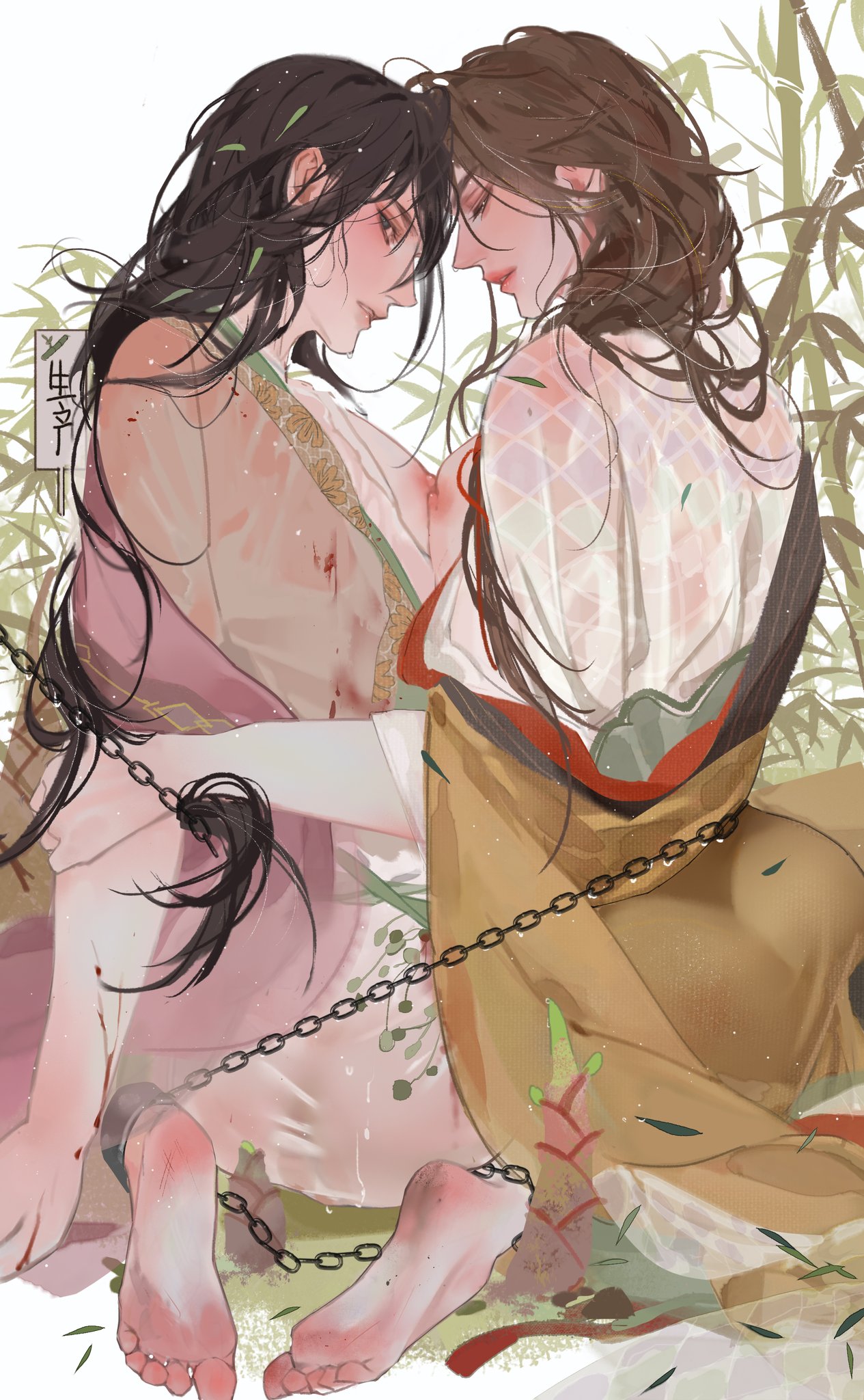 the illustration showcases two women with long dark hair, embracing each other tenderly amidst a bamboo forest. they are both dressed in elaborate, flowing robes suggestive of traditional asian attire. one woman wears white and red, while the other is clad in pale pink. their clothing is slightly disheveled, revealing injuries – notably, bloodstains mark their garments.  a heavy chain binds their ankles, hinting at captivity and struggle. despite the implied hardship, their posture conveys a sense of love and intimacy, emphasized by their closed eyes and serene expressions. the soft, natural lighting and focus on the couple create a sense of quiet drama and highlight the beauty of the scene despite the underlying tension.