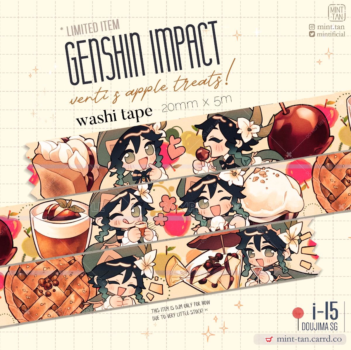 this is a promotional image for a limited edition washi tape featuring the character venti from the popular game genshin impact. the washi tape is themed around venti's love of apple treats and features various cute illustrations of him enjoying different applethemed snacks.  the image includes a closeup shot of the tape, which is decorated with adorable drawings of venti holding apples, eating apple pie, and enjoying other sweet treats. there is also a banner promoting the limited edition nature of the tape and a call to action to purchase it from the seller's website.