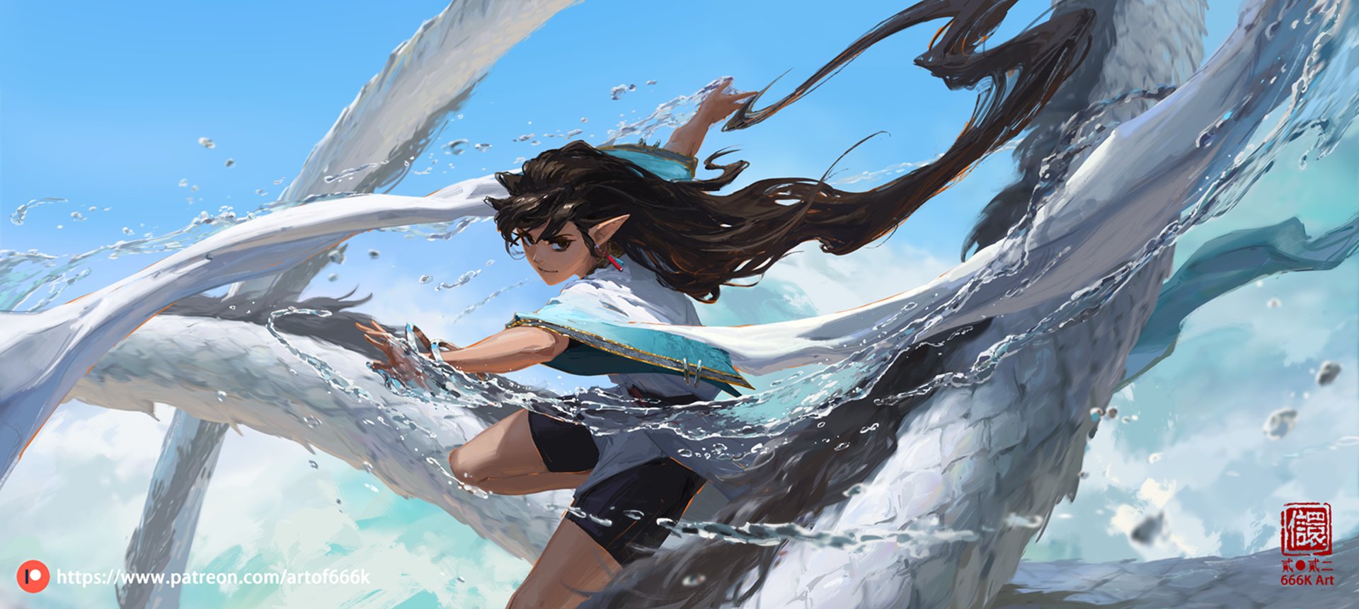 the image is a digital painting of an animestyle woman with long brown hair and elflike ears. she is wearing a flowing white and turquoise dress and is depicted in a dynamic pose, seemingly interacting with or riding a large, white, waterlike creature.  water splashes around her and the creature, adding to the sense of movement and energy. the background features a bright blue sky with scattered clouds. the style is vibrant and painterly, with a focus on expressive lines and color. a watermark indicating the artist "666k art" and a patreon link are visible.
