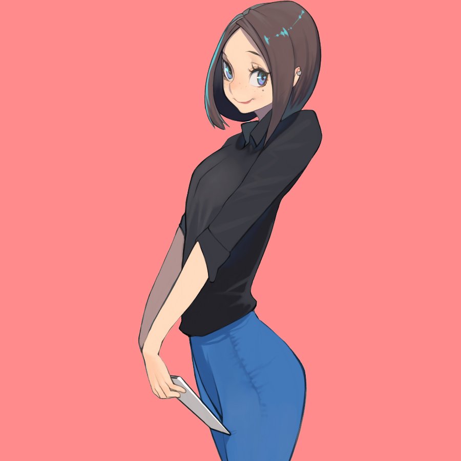 a young woman with short, dark hair and blue highlights is depicted in an anime style. she is standing and facing slightly to the side, holding a white smartphone in her right hand. the woman wears a black collared shirt and blue jeans. her expression is friendly and inviting, with a slight smile on her face. the background is a solid, soft pink.