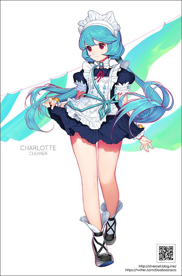 the image is a digital illustration of an anime girl dressed as a maid. she has long blue hair, blue eyes, and is wearing a white dress with a blue ribbon and a white apron. she is also wearing black shoes with white socks. the background is a white, blue, and green gradient. the girl is smiling and looking at the viewer. she is a cute and kawaii character, and her design is very detailed and welldone.