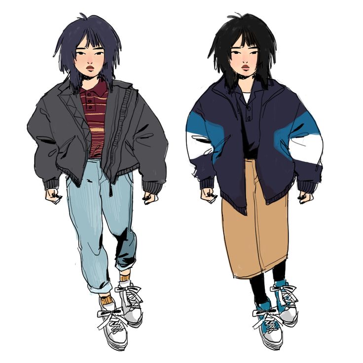 this is an illustration of two anime girls. the girls are both wearing casual attire. one girl is wearing a black jacket with a blue denim jeans and white sneakers. the other girl is wearing a blue and white jacket with a brown skirt and white sneakers. both girls have black hair and are looking straight ahead.