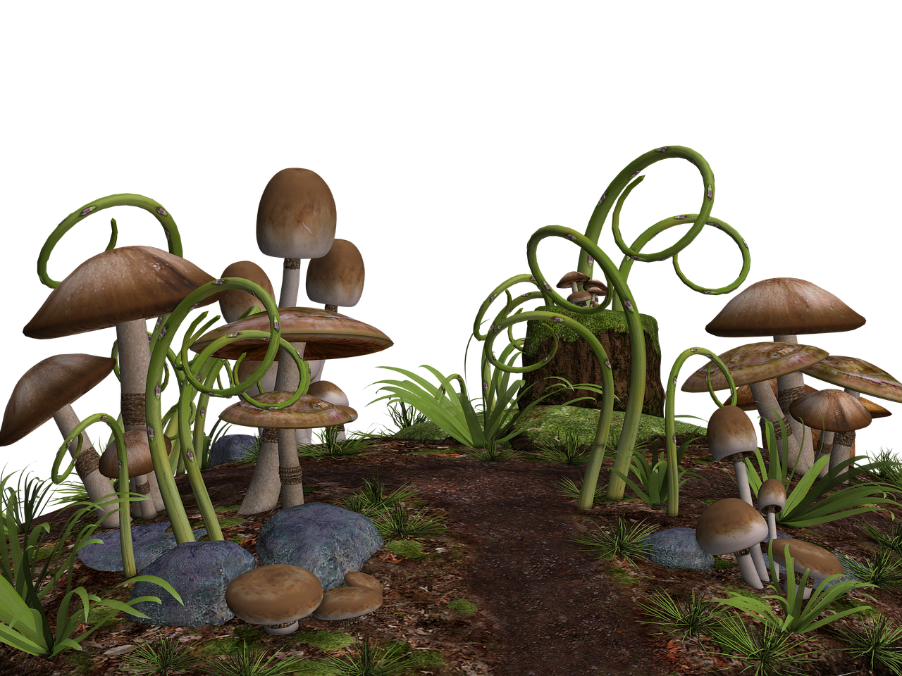 a whimsical scene features a variety of mushrooms and other plants against a dark background. clusters of browncapped mushrooms are scattered across the landscape, some nestled among green grass and quirky, curlystemmed plants. a narrow, winding path cuts through the scene, leading towards a mosscovered tree stump with smaller mushrooms growing on top. rocks are scattered among the mushrooms and grass, adding texture to the ground. the overall atmosphere is one of fantasy and nature, creating a mystical woodland setting.