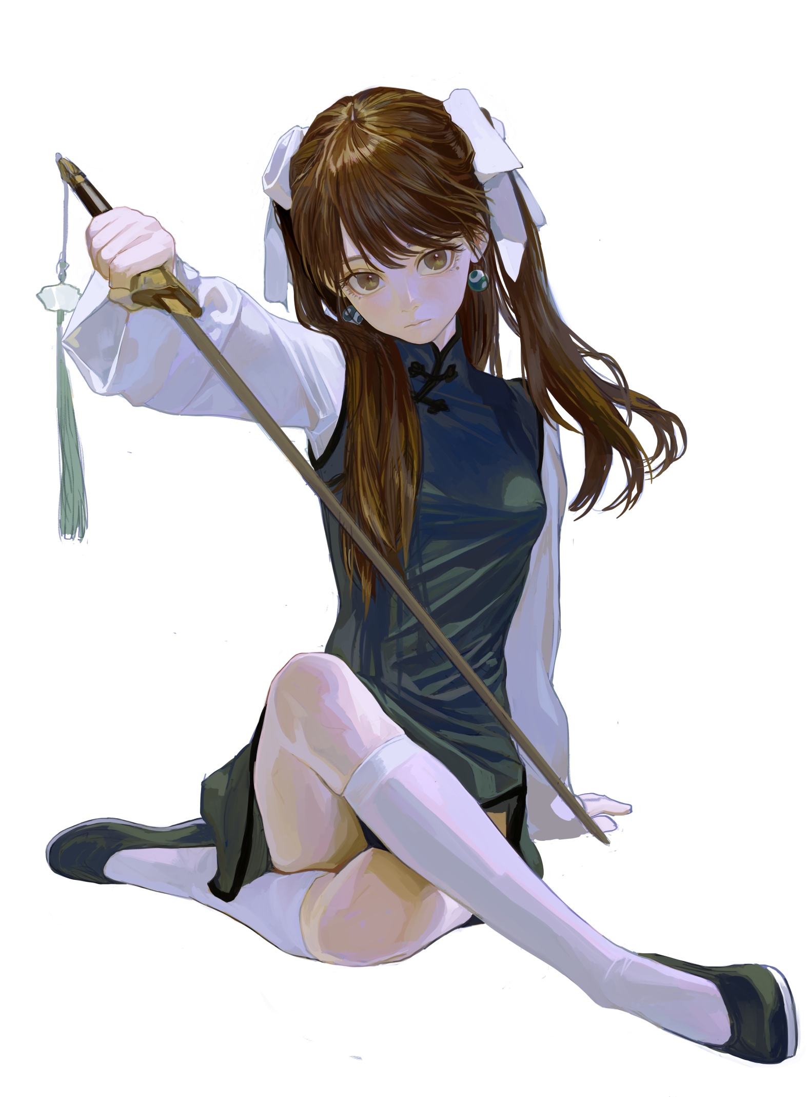 an anime girl with light brown hair styled with white ribbons and wearing a dark blue cheongsam over a white longsleeved shirt is sitting with her legs crossed. she has brown eyes and wears turquoise earrings. she is holding a sword with a green tassel hanging from the hilt.