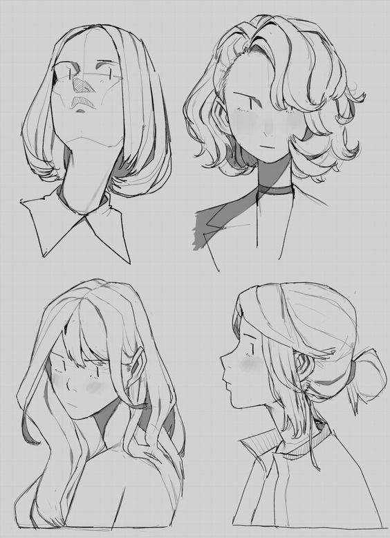 this image contains four black and white sketches of women on a gray background. the sketches focus on the face and hair, with some detailing in the clothing. the top left sketch is a woman's face looking up. the top right sketch is of a woman with wavy hair, looking forward. the bottom left sketch is of a woman with long, wavy hair, looking forward. the bottom right sketch is a side profile of a woman with her hair pulled back.