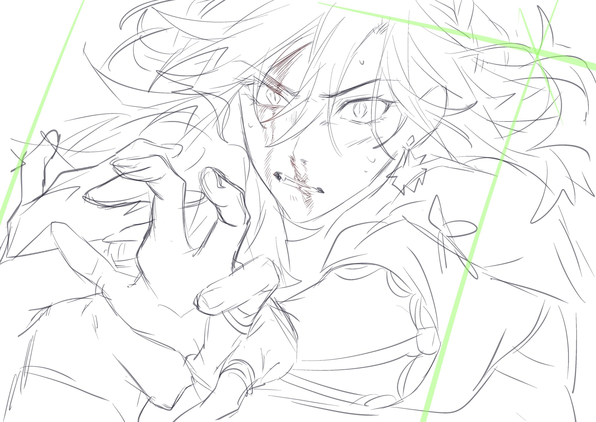a sketch of an anime male character with a serious expression and a sharp, intense look in his eyes. the line art drawing shows a focus on his face and upper body, emphasizing the lines of his hair, jacket, and hand, which is shown reaching out towards the viewer. the lines in the drawing are crisp and clean, suggesting a sense of urgency or tension in the moment.