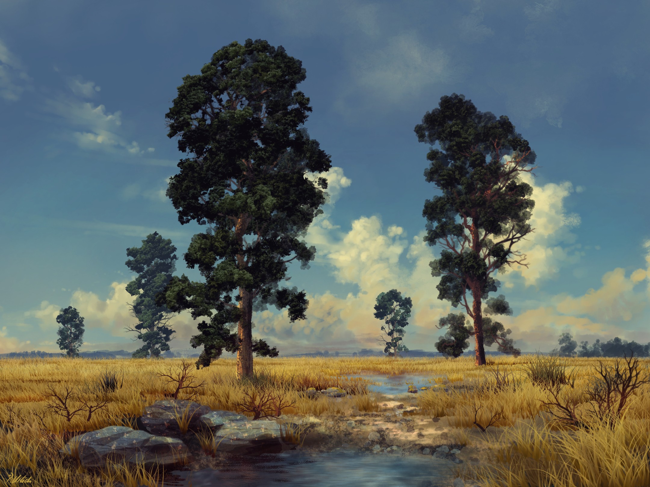 the image showcases a serene landscape bathed in the warm glow of the sun. a meandering stream cuts through a field of golden grass, its surface reflecting the azure sky above. towering trees with lush green foliage stand tall, casting long shadows across the terrain. scattered rocks and patches of dry grass add texture to the scene, while fluffy white clouds drift lazily across the vast expanse of the sky. the overall atmosphere is one of peace, tranquility, and the beauty of the natural world.