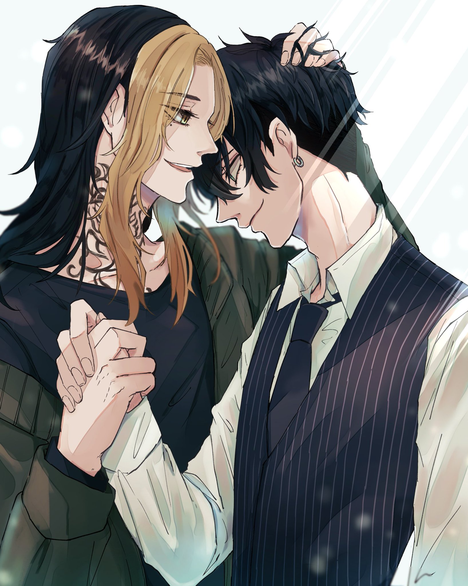 the image is a colorful anime drawing depicting a couple of boys romantically holding hands and looking at each other. the boy on the left has long black and blond hair, green eyes, and is wearing a black jacket and a necklace. the boy on the right has black hair, blue eyes, and is wearing a white shirt, black tie, and a blue striped vest. the couple's heads are close together, and they are smiling. the image is set against a background of abstract light and glitter.