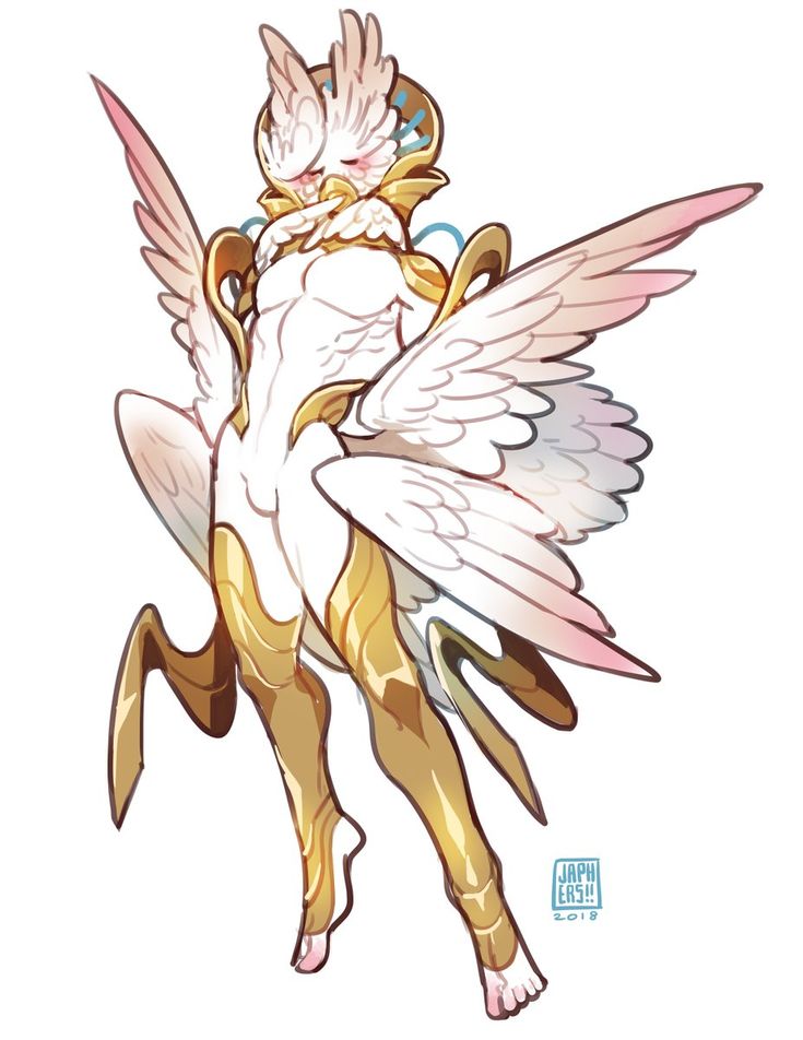 the illustration depicts a humanoid creature with a pair of large white wings with pink edges, wearing golden armor, and a head that resembles an owl, with a pair of big, dark eyes.