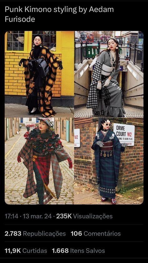 the image shows four different people wearing different styles of punk kimonos. they are standing in different locations, like next to brick walls and in a tunnel. the text at the top says, "punk kimono styling by aedam furisode." the image also includes other texts, such as dates, numbers, and the name of a street.