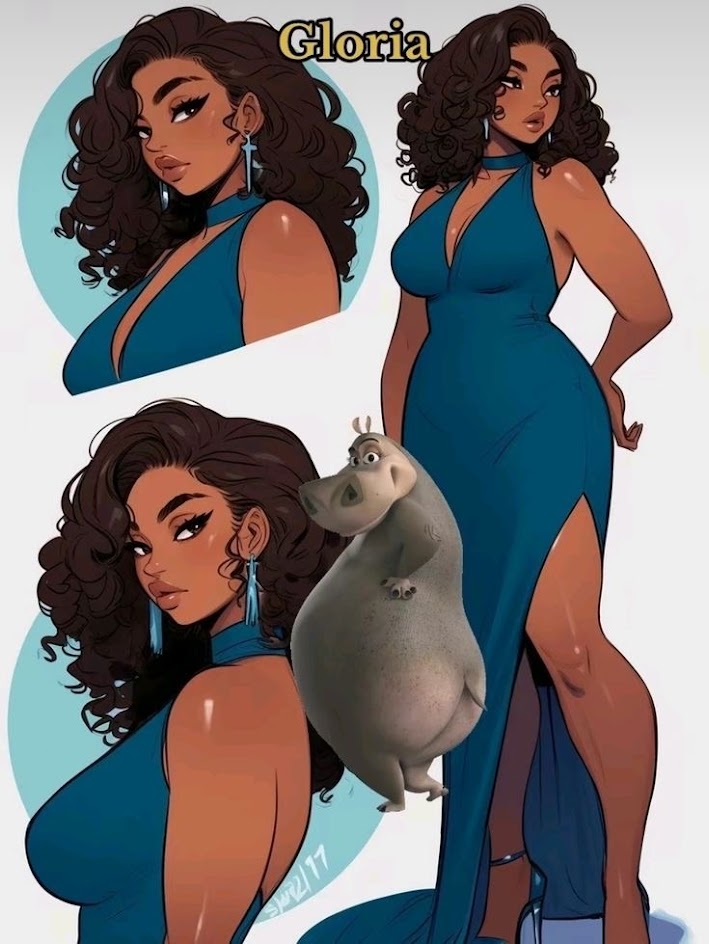 this digital artwork features the character gloria from the animated movie "madagascar." gloria, who is a hippopotamus, is dressed in a blue evening gown, along with long curly brown hair, and a  full figure. the artwork has a sexy and glamorous style, emphasizing gloria's beauty and elegance.