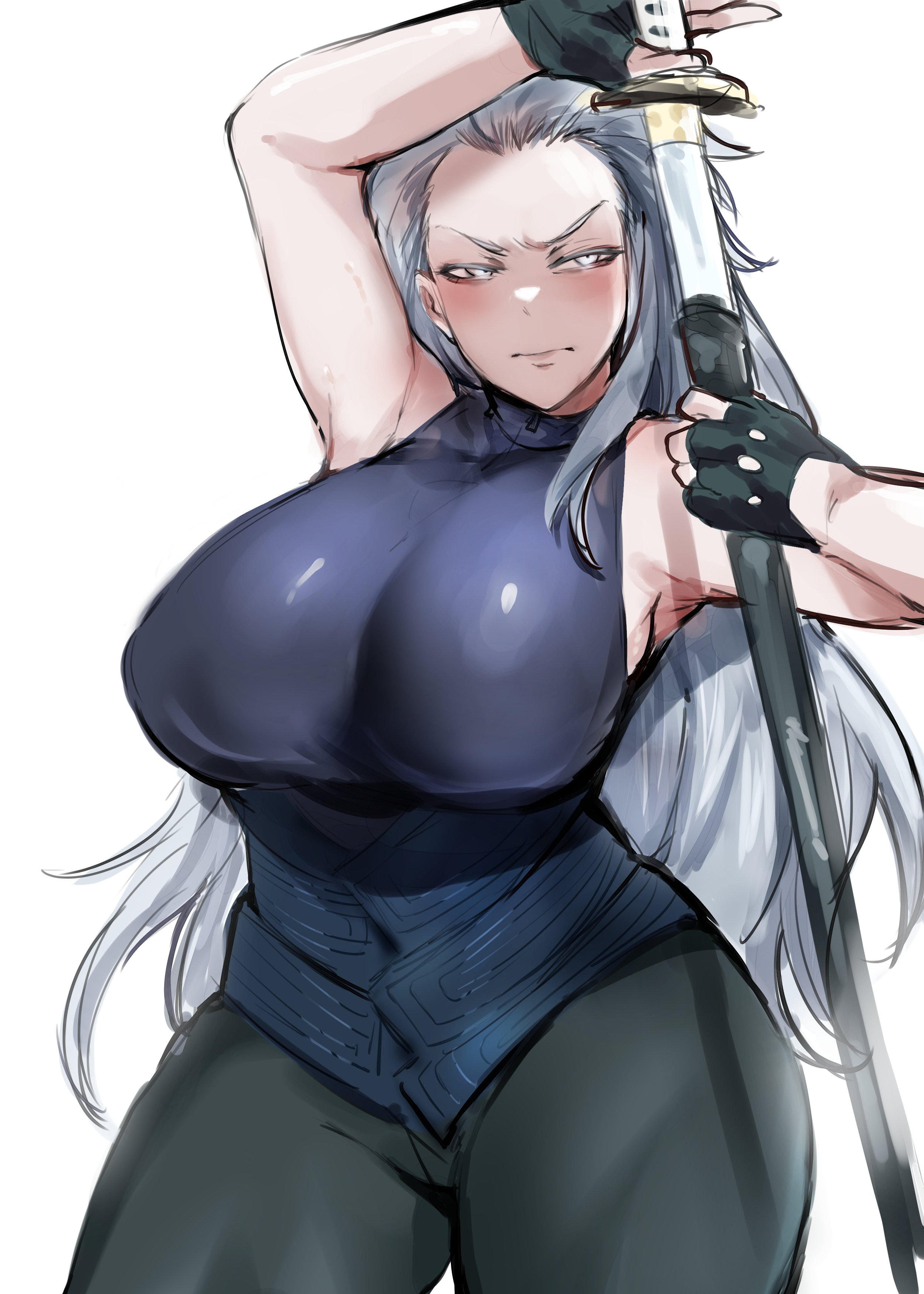 a drawing of a woman with long, flowing white hair and a confident expression. she's dressed in a dark blue suit and has a katana strapped to her back. the woman's pose and facial expression convey her strength and readiness for battle. the background is a simple white, focusing the attention on the woman. the art style is dynamic and expressive, highlighting her musculature and strength.