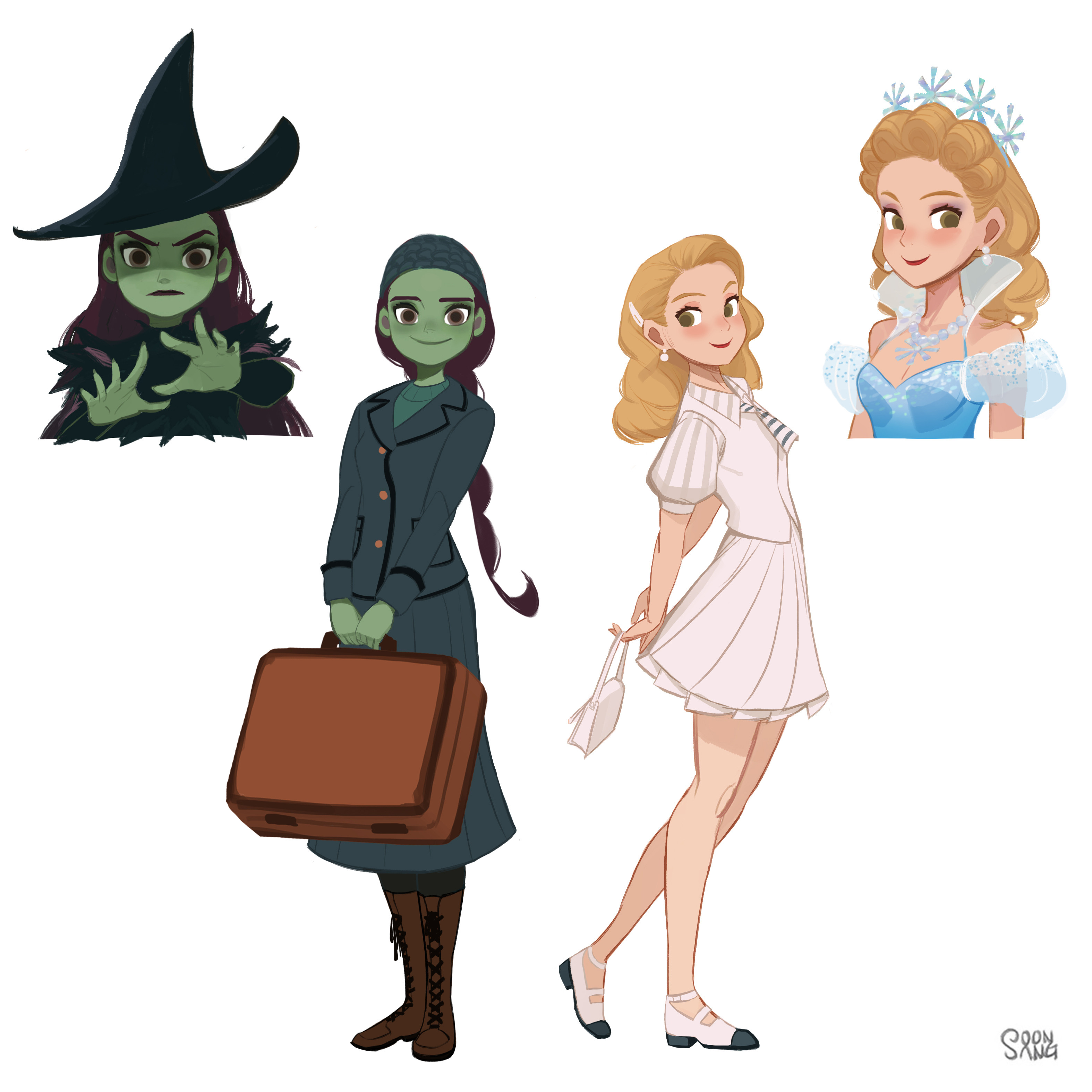 the image features four stylized depictions of characters from the wizard of oz universe, specifically focusing on elphaba (the wicked witch of the west) and glinda the good witch. there's a classic "wicked witch" portrayal of elphaba, and then a more contemporary version of her in a businesslike outfit. glinda is shown in her iconic blue dress and as her younger, prewitch self, galinda upland, in a white dress.