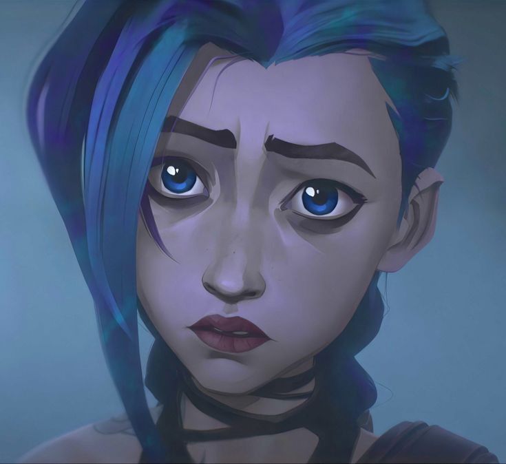 a closeup portrait of an anime girl with blue hair and eyes. she is looking down and appears sad. she has a black choker around her neck.