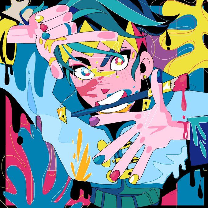 the image is a vibrant and stylized digital illustration or piece of animeinfluenced artwork. it features a young adult character with teal hair and pink skin, heavily adorned with paint splatters across their face and hands. the character is depicted in a dynamic pose, using their hands to frame the viewer, similar to a photographer's viewfinder.  a paintbrush is held prominently, adding to the artistic theme. the overall style blends anime aesthetics with elements of pop art and abstract expressionism. the background is a chaotic mix of bright colors and abstract shapes that complement the character's energetic vibe.  the artwork utilizes bold outlines and flat coloring creating a striking visual impact.