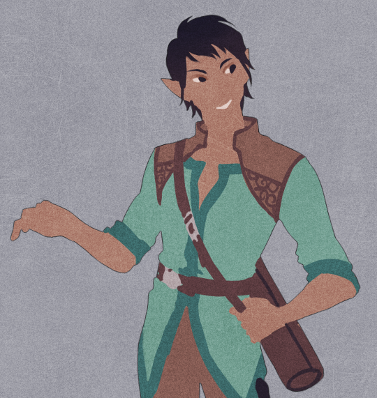 the image shows a stylized character illustration of a young elf man. he is dressed in teal and brown clothing reminiscent of a fantasy adventurer and is positioned with his arm outstretched in a beckoning gesture.  the art style is flat with minimal shading and a focus on shape and color.